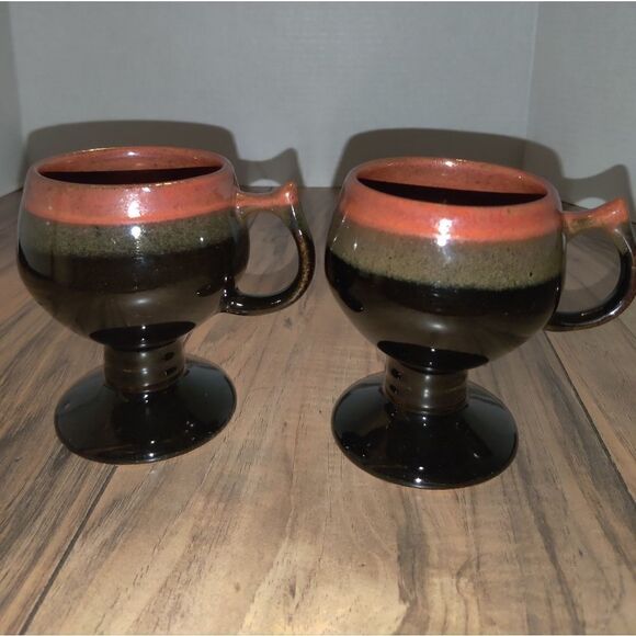 Set of 2 Brown Glaze Footed Pedestal 4½" Tall Coffee Mugs Goblets - Picture 3 of 6